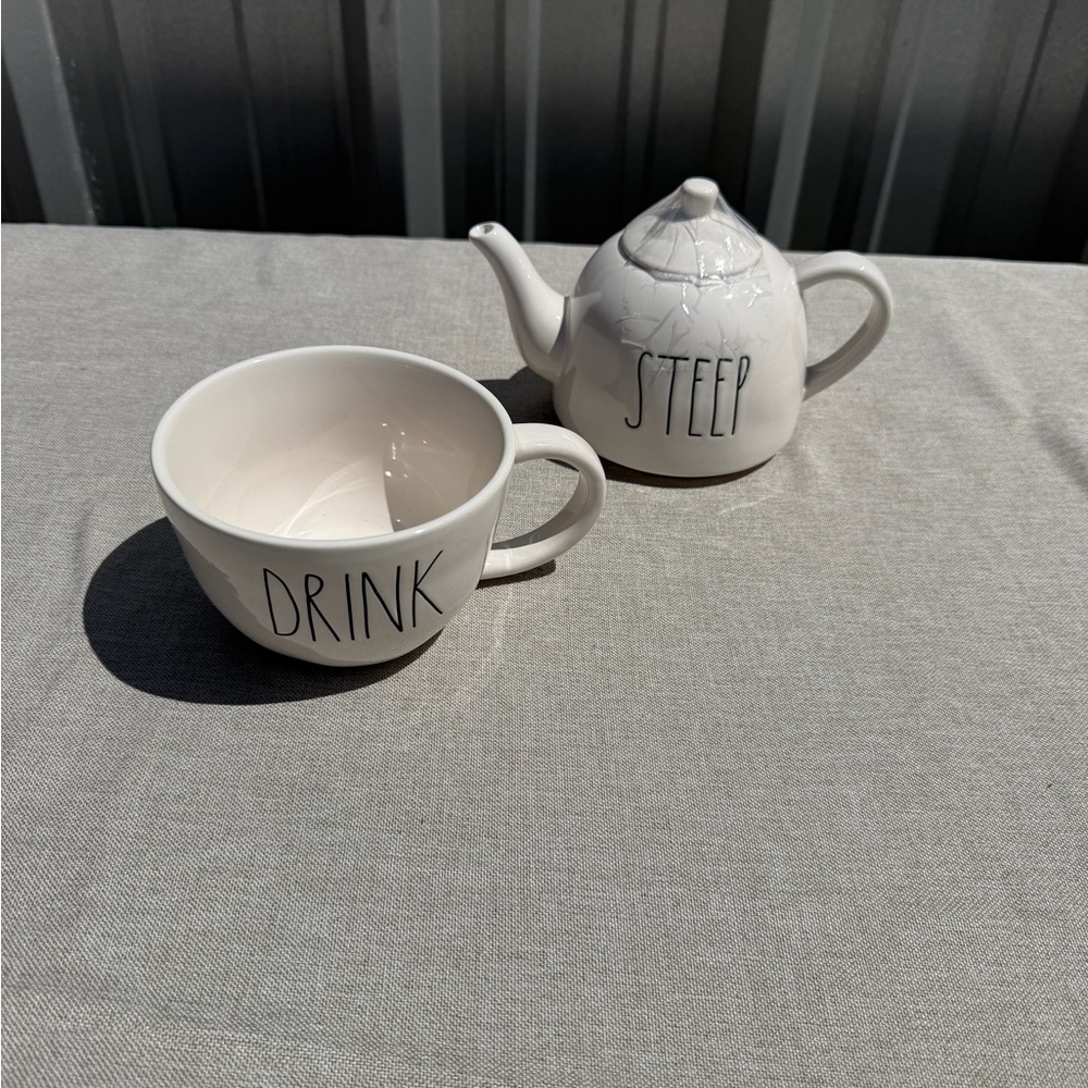 HTF Rae Dunn "STEEP" "DRINK" Unique Ceramic Teapot & Mug Stackable Set EUC Rare